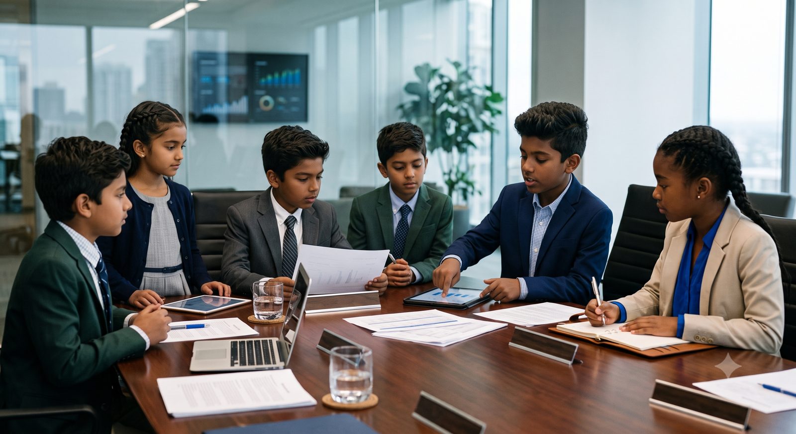 Young founders reviewing documents and charts around a boardroom table